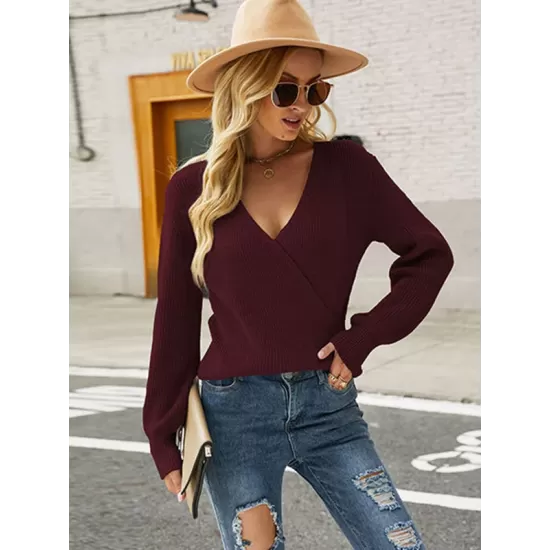 Casual Long Sleeves Solid Color V-Neck Sweater Tops