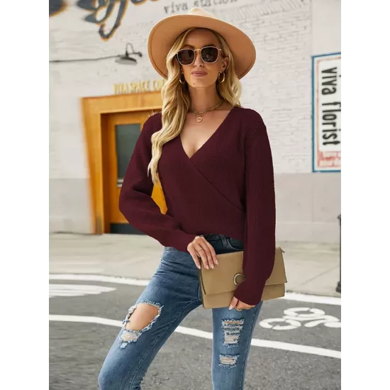 Casual Long Sleeves Solid Color V-Neck Sweater Tops