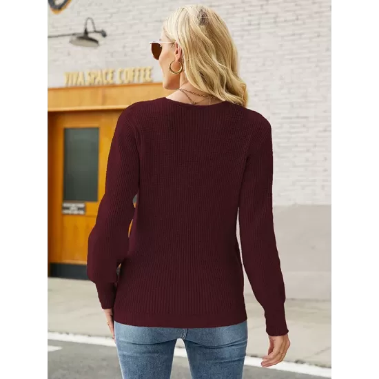 Casual Long Sleeves Solid Color V-Neck Sweater Tops