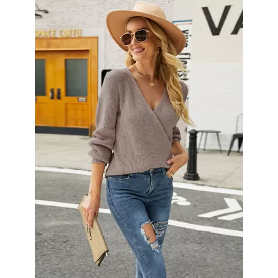 Casual Long Sleeves Solid Color V-Neck Sweater Tops