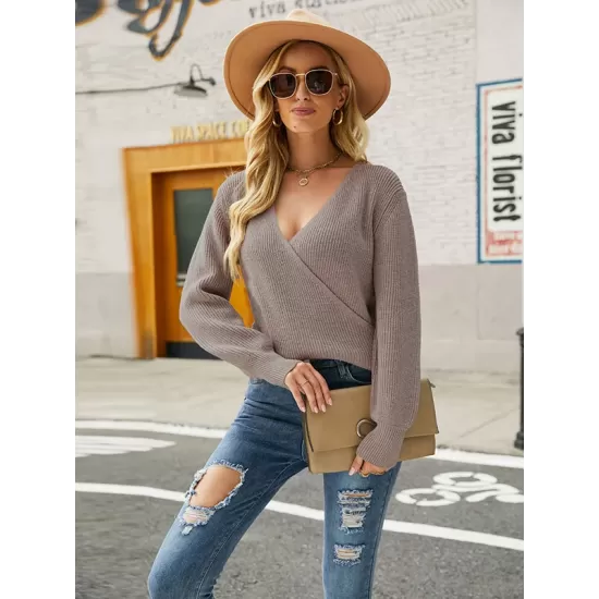 Casual Long Sleeves Solid Color V-Neck Sweater Tops