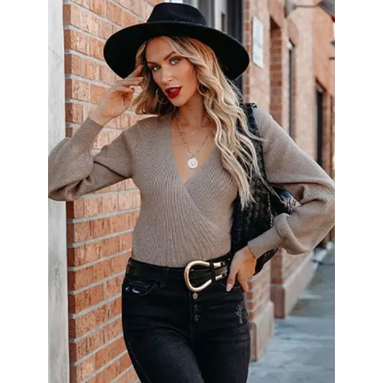 Casual Long Sleeves Solid Color V-Neck Sweater Tops