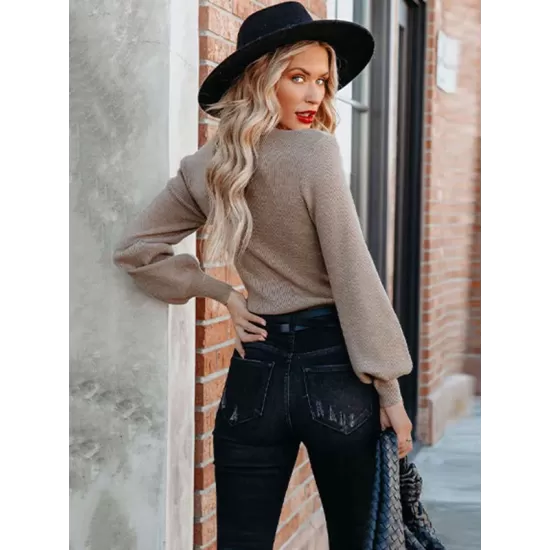 Casual Long Sleeves Solid Color V-Neck Sweater Tops