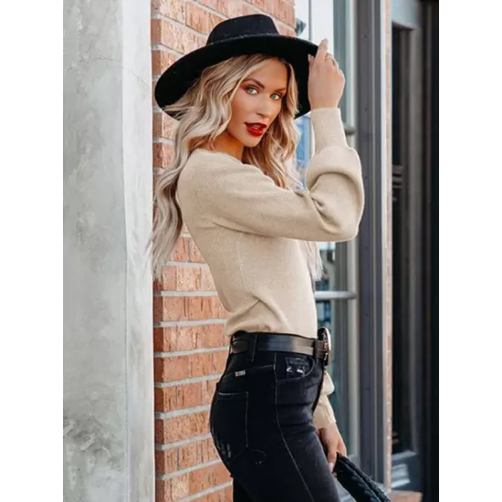 Casual Long Sleeves Solid Color V-Neck Sweater Tops