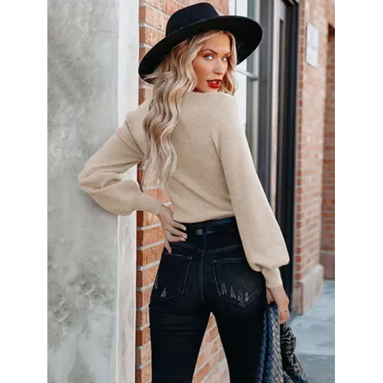 Casual Long Sleeves Solid Color V-Neck Sweater Tops