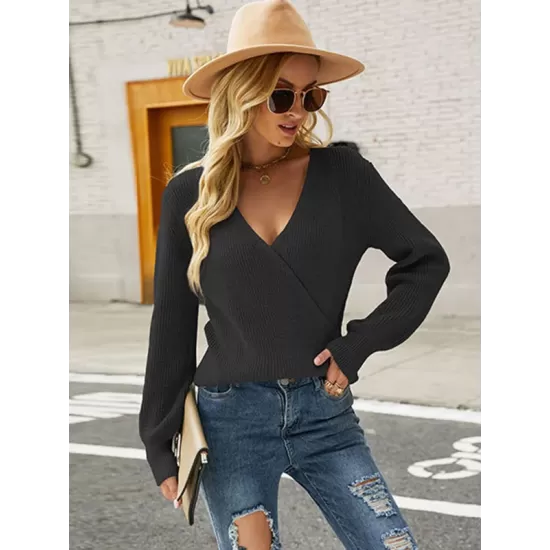 Casual Long Sleeves Solid Color V-Neck Sweater Tops