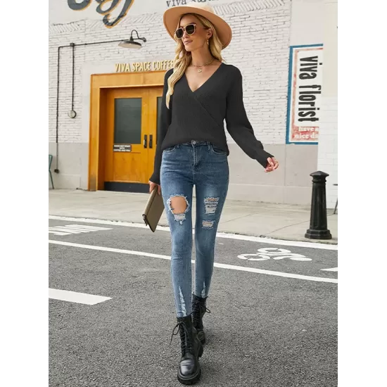 Casual Long Sleeves Solid Color V-Neck Sweater Tops