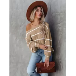 Long Sleeves Striped Off-The-Shoulder Sweater Tops