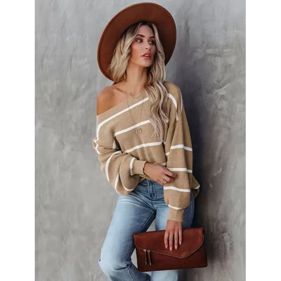 Long Sleeves Striped Off-The-Shoulder Sweater Tops