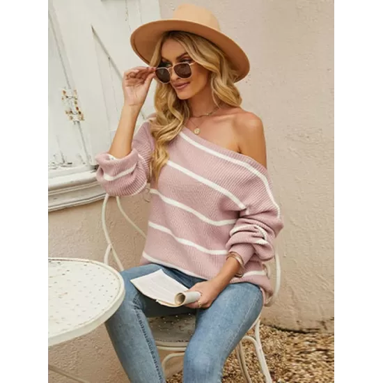 Long Sleeves Striped Off-The-Shoulder Sweater Tops