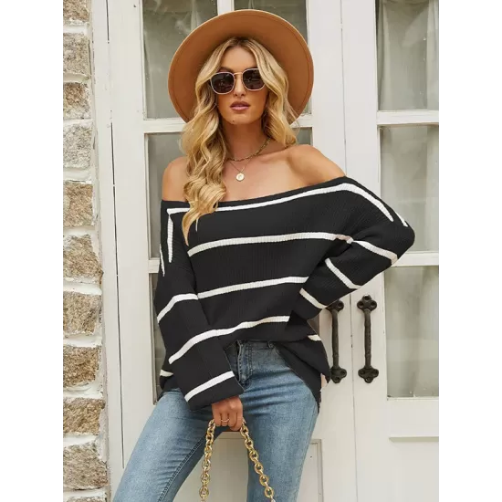 Long Sleeves Striped Off-The-Shoulder Sweater Tops