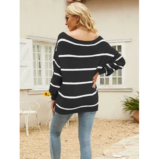 Long Sleeves Striped Off-The-Shoulder Sweater Tops