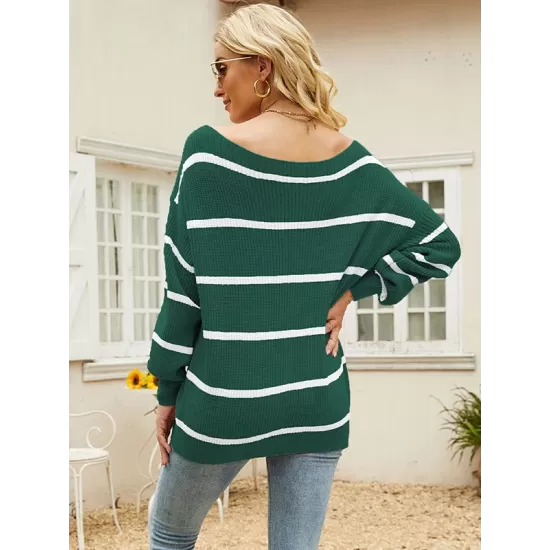 Long Sleeves Striped Off-The-Shoulder Sweater Tops