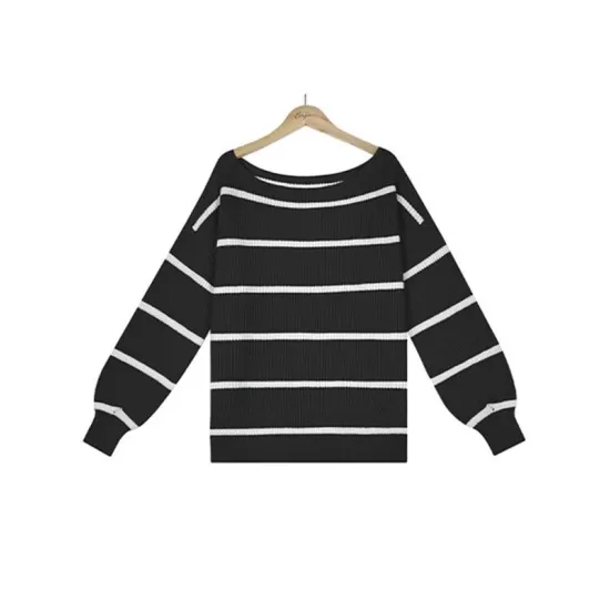 Long Sleeves Striped Off-The-Shoulder Sweater Tops