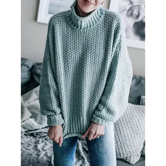 Casual Long Sleeves Solid Color High-Neck Sweater Tops