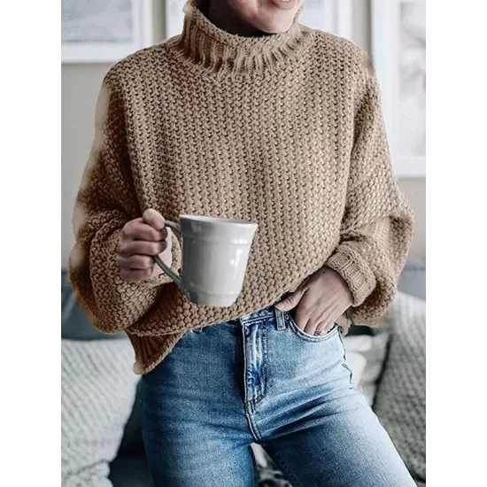 Casual Long Sleeves Solid Color High-Neck Sweater Tops