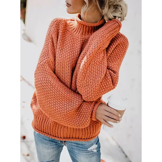 Casual Long Sleeves Solid Color High-Neck Sweater Tops