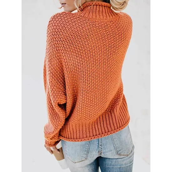 Casual Long Sleeves Solid Color High-Neck Sweater Tops