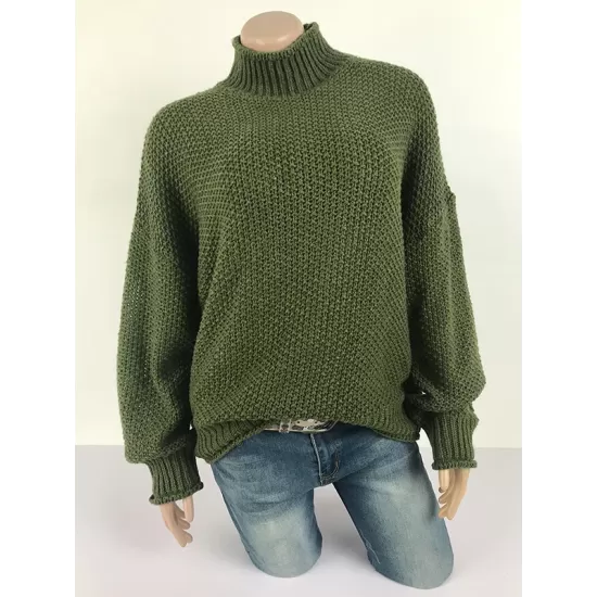 Casual Long Sleeves Solid Color High-Neck Sweater Tops