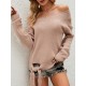 Casual Loose Long Sleeves Tied Solid Color Off-The-Shoulder Sweater Tops