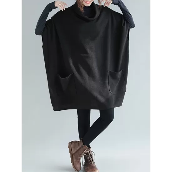 Artistic Retro Batwing Sleeves Half Sleeves Solid Color Heaps Collar Pullovers