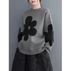 Casual Long Sleeves Loose Contrast Color Jacquard Round-Neck Pullovers