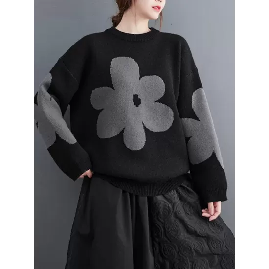 Casual Long Sleeves Loose Contrast Color Jacquard Round-Neck Pullovers