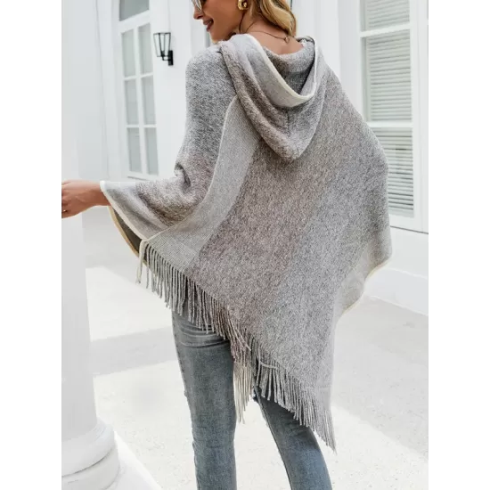 Casual Loose Striped Tasseled Hooded Cape