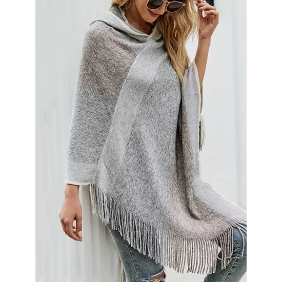 Casual Loose Striped Tasseled Hooded Cape