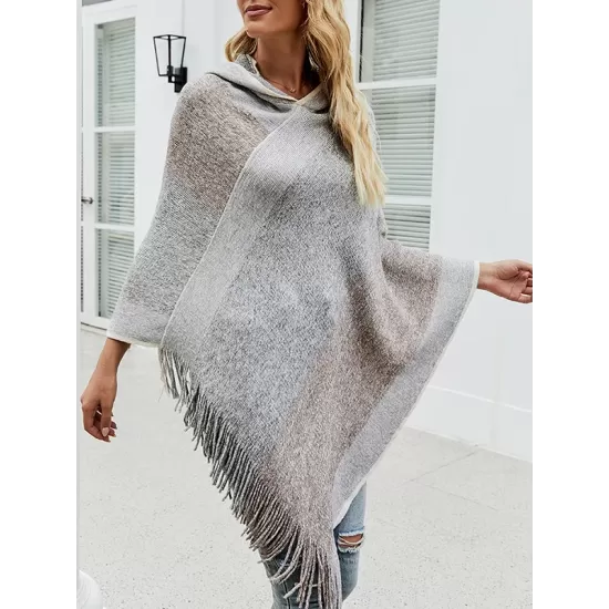 Casual Loose Striped Tasseled Hooded Cape