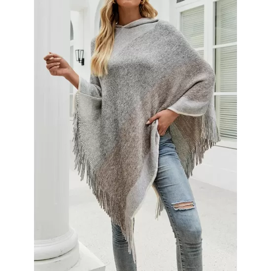 Casual Loose Striped Tasseled Hooded Cape