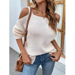 Long Sleeves Split-Side Solid Color Off-The-Shoulder Sweater Tops