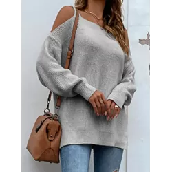 Long Sleeves Split-Side Solid Color Off-The-Shoulder Sweater Tops