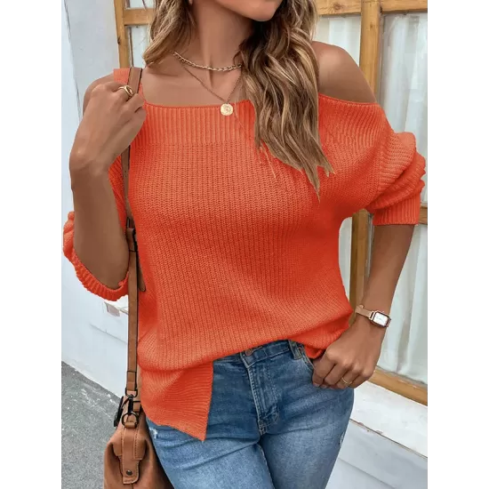 Long Sleeves Split-Side Solid Color Off-The-Shoulder Sweater Tops