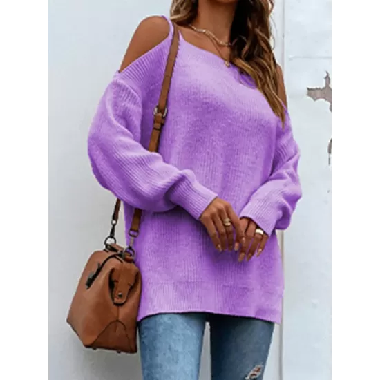 Long Sleeves Split-Side Solid Color Off-The-Shoulder Sweater Tops