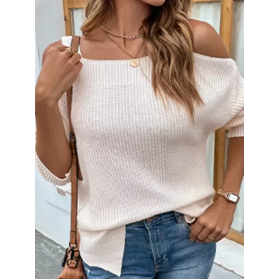 Long Sleeves Split-Side Solid Color Off-The-Shoulder Sweater Tops