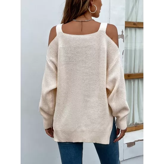 Long Sleeves Split-Side Solid Color Off-The-Shoulder Sweater Tops