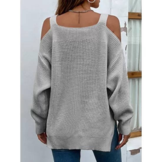 Long Sleeves Split-Side Solid Color Off-The-Shoulder Sweater Tops