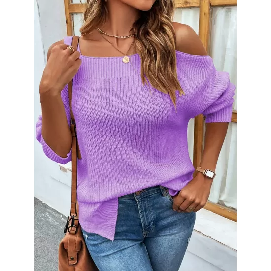 Long Sleeves Split-Side Solid Color Off-The-Shoulder Sweater Tops