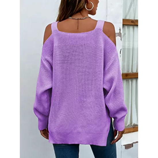 Long Sleeves Split-Side Solid Color Off-The-Shoulder Sweater Tops