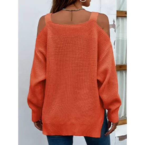 Long Sleeves Split-Side Solid Color Off-The-Shoulder Sweater Tops