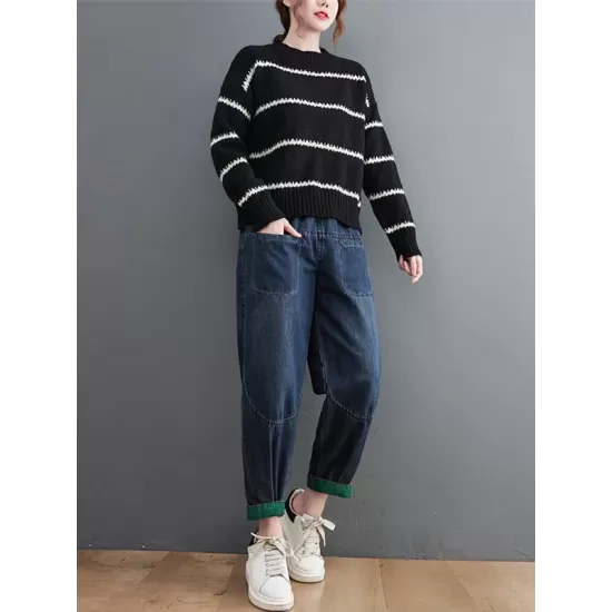 Casual Loose Long Sleeves Striped Round-Neck Sweater Tops