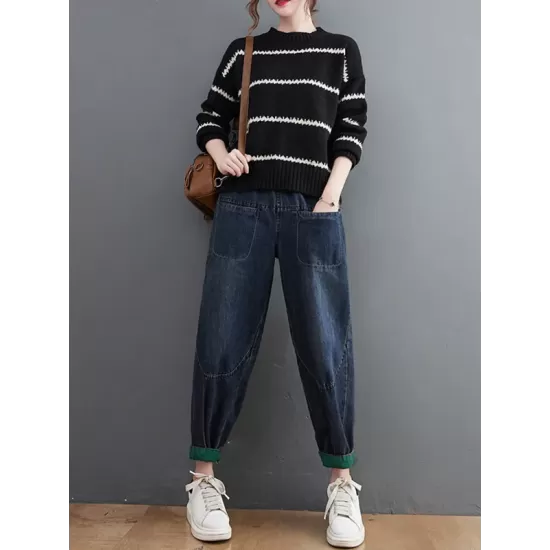 Casual Loose Long Sleeves Striped Round-Neck Sweater Tops