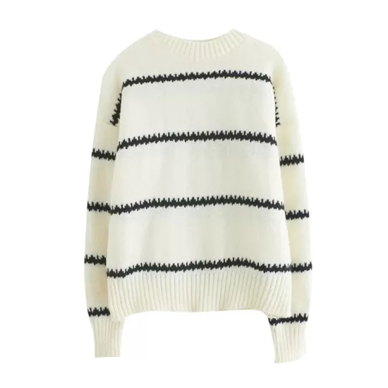 Casual Loose Long Sleeves Striped Round-Neck Sweater Tops