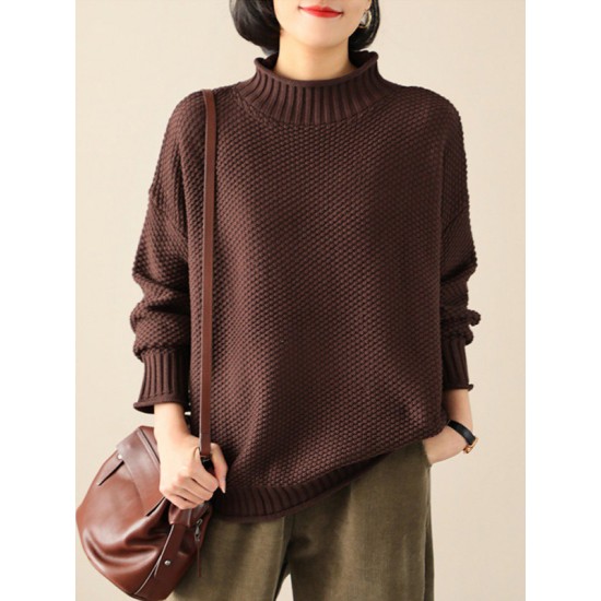 Casual Loose Long Sleeves Solid Color High-Neck Sweater Tops