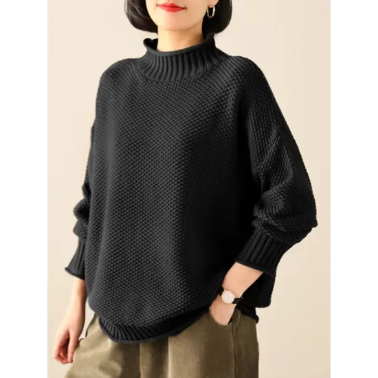 Casual Loose Long Sleeves Solid Color High-Neck Sweater Tops