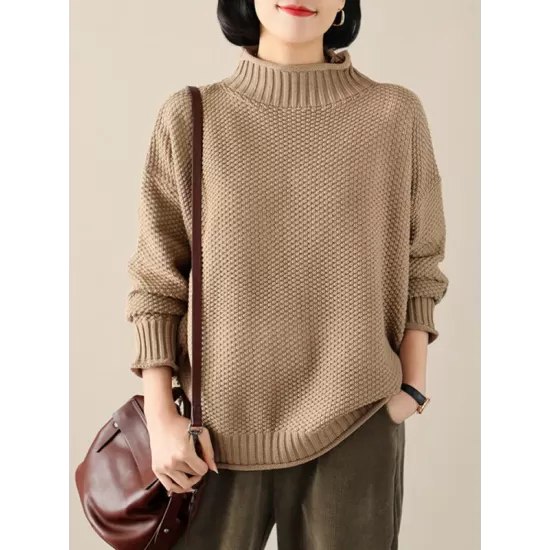 Casual Loose Long Sleeves Solid Color High-Neck Sweater Tops