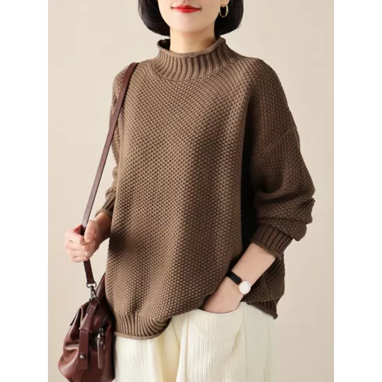 Casual Loose Long Sleeves Solid Color High-Neck Sweater Tops