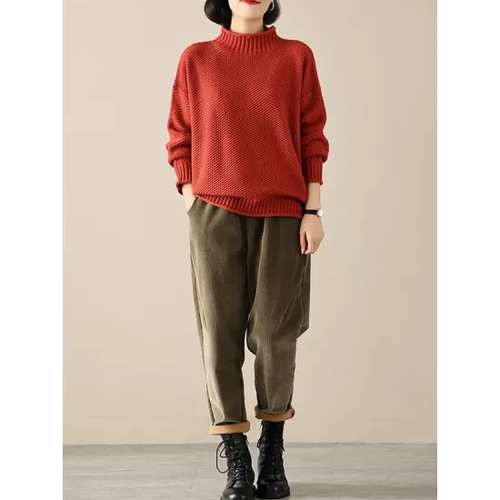 Casual Loose Long Sleeves Solid Color High-Neck Sweater Tops