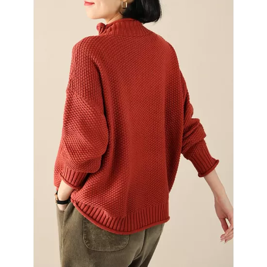 Casual Loose Long Sleeves Solid Color High-Neck Sweater Tops